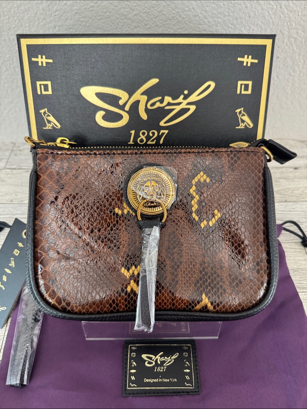 Sharif Brown Snake-Embossed Crossbody Bag with Gold Medallion NWT
